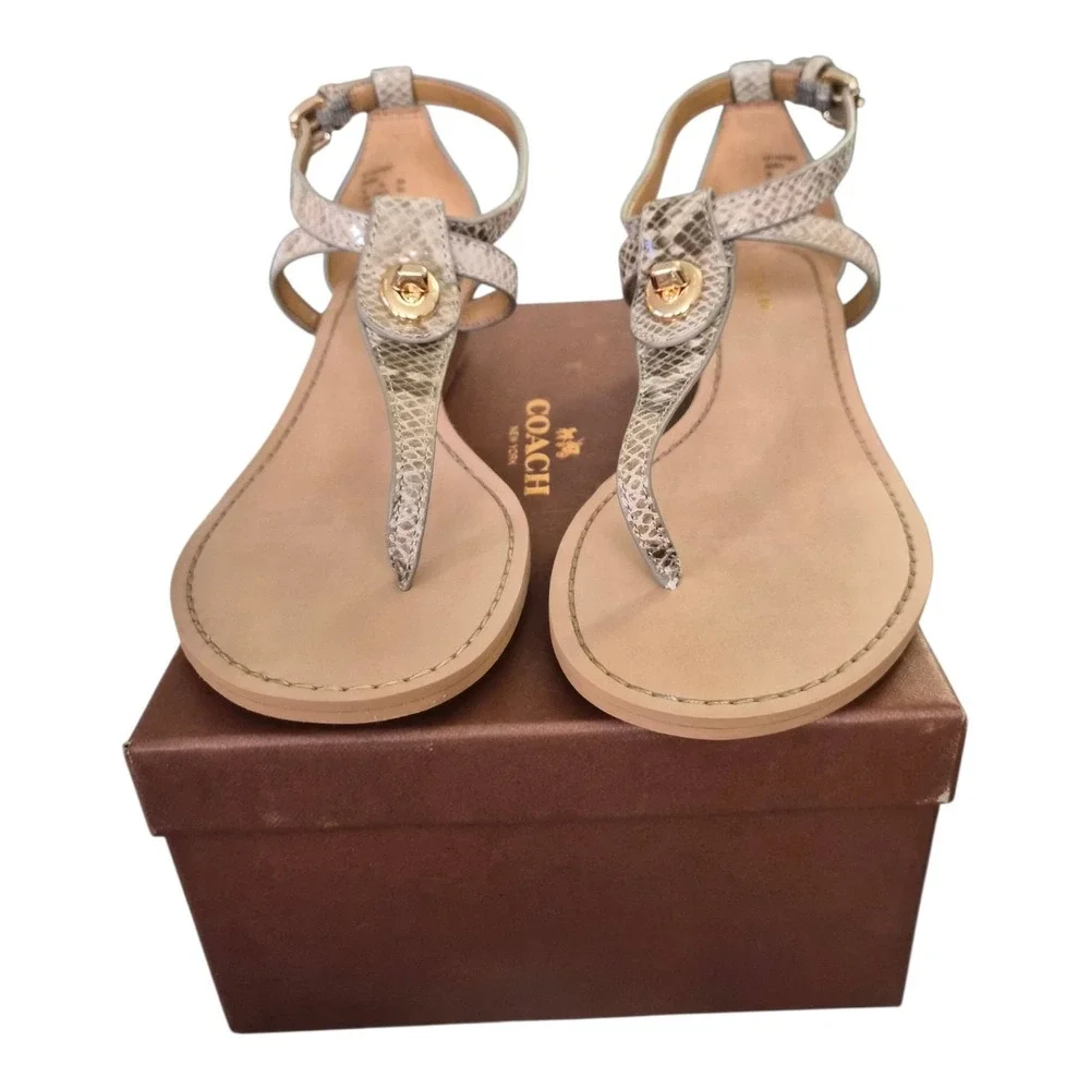 Coach Ingrid Natural Snake Print‎ Leather Thong Sandals Ankle Strap Size 8.5 New - Picture 2 of 8